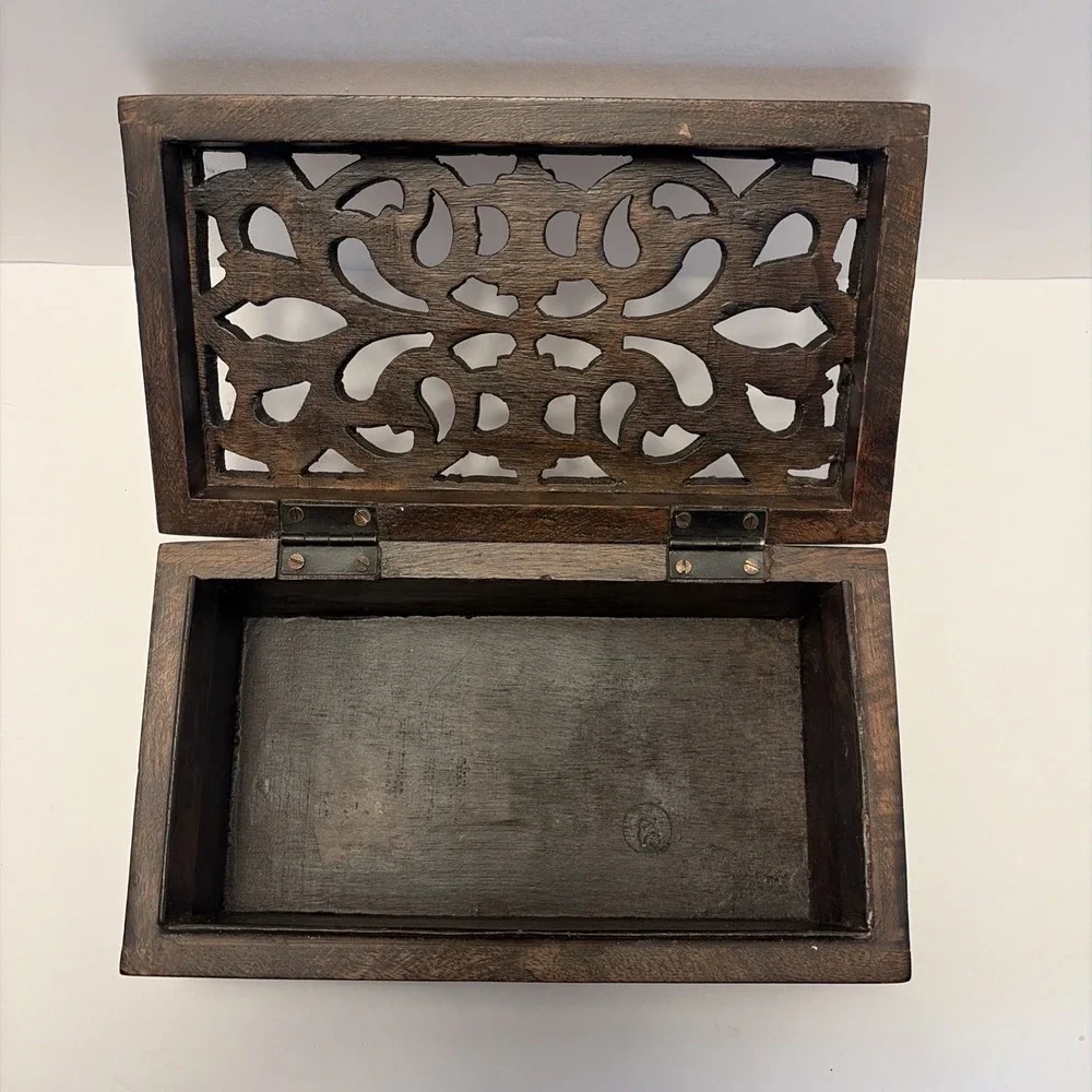 Hand Carved Wooden Trinket Pen Pencil Jewelry Box Hinged Open Cut Decorative